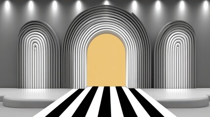 Fototapeta premium Abstract Modern Stage Design Black and White Striped Pathway to Yellow Archway