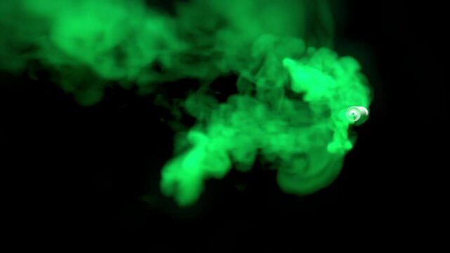 Smoke grenade drifts through swirling green smoke against a black background in a dark abstract 3D animation