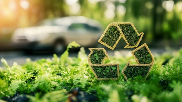 Moss-covered recycle symbol promotes eco-friendly practices and environmental conservation