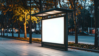 Blank Advertisement Billboard at Night Bus Stop