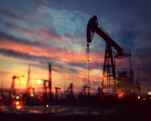 Global Oil Industry Sunset Silhouette of Oil Pump Jack with World Map Overlay