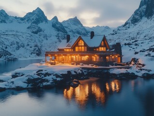 Fototapeta premium cozy, wooden cabin nestled in a snowy, mountainous landscape with a calm lake in the foreground. The scene is serene and picturesque, capturing the beauty and tranquility of a winter retreat.