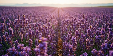 Naklejka premium Honeybee Haven: Dotted Lavender Field