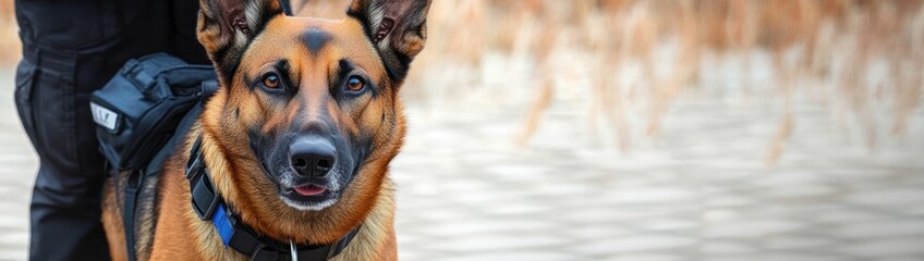 alert German Shepherd dog with blue collar and harness standing outdoors with blurred dry grass background showing attentive and calm expression