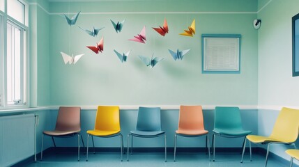 Vibrant origami birds grace the wall of a waiting room filled with colorful chairs and a calming atmosphere.