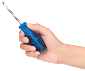hand holding blue screwdriver isolated on white background