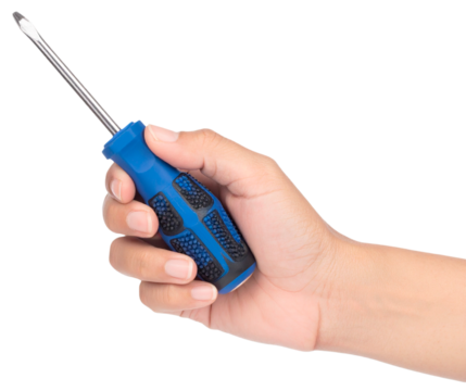 hand holding blue screwdriver isolated on white background