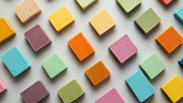 Colorful handmade soap bars forming a pattern on white background