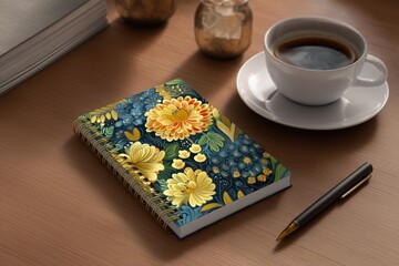 notebook mockup, detailed doodles and textures, vibrant design, desk flatlay view