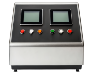 Industrial control panel with dual screens and buttons on a transparent background