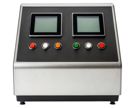 Industrial control panel with dual screens and buttons on a transparent background