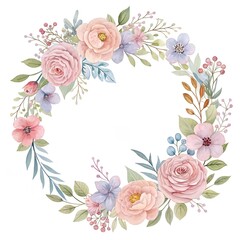 “Delicate floral wreath with open circular composition leaving space in the center for text, soft pastel colors, watercolor style, ideal for wedding invitations and greeting cards”
