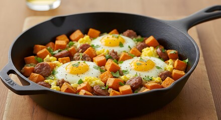 Sweet potato hash with eggs and sausage in a cast iron skillet close up view