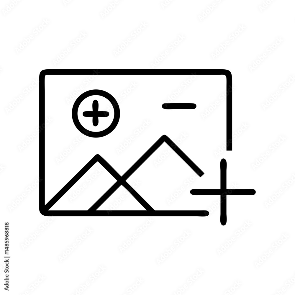 Poster photo icon with a plus sign in the corner representing on transparent background for web and graphic