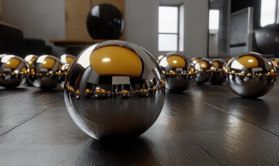 Chrome spheres reflect modern office; teamwork concept