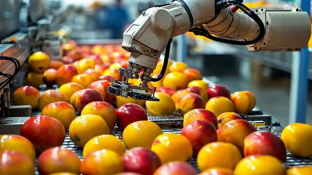 Robotic arm sorting fresh apples and oranges on a conveyor belt in a bustling fruit processing facility