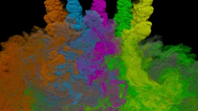 Colorful ink clouds descend and billow through liquid, blending into swirling abstract plumes against a black background, 3d animation