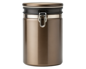 Cylindrical bronze container with airtight latch lid on a transparent background