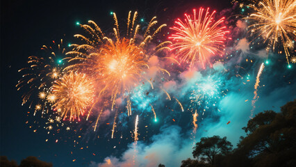 Fototapeta premium 4th of July Celebration, Vibrant Fireworks Explosion with American Flag Background