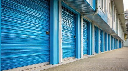ultra quality image of depth of field row of self storage units with blue doors shutters.