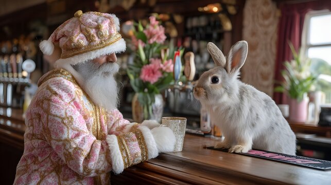 Santa Claus in Fancy Outfit with Rabbit at Cozy Bar During Festive Season