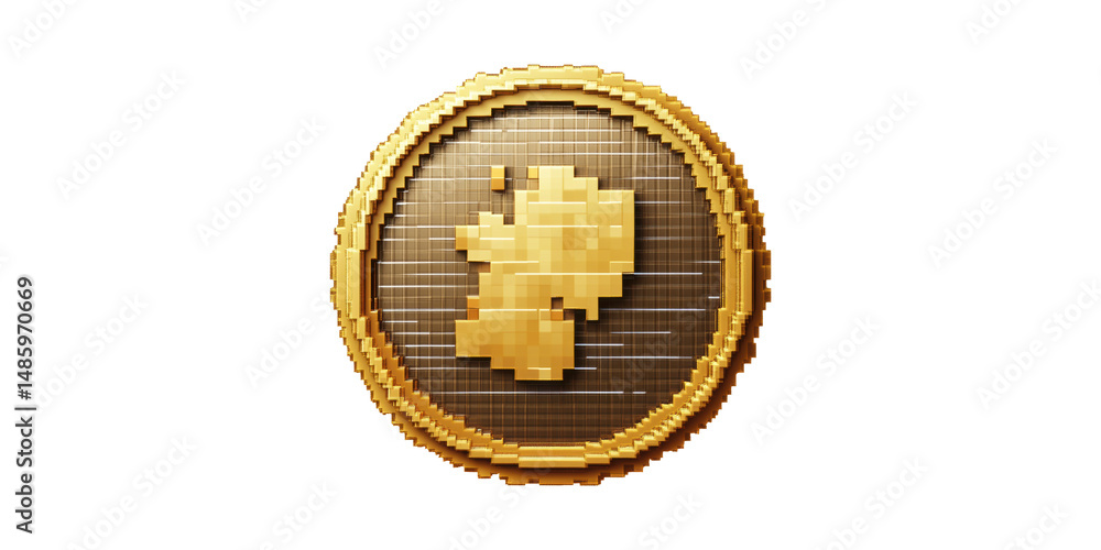 Poster golden pixelated coin with map design. digital currency and blockchain concept isolated on transpare