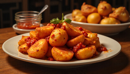 Delicious Patatas Bravas served with spicy sauce, cozy restaurant vibe