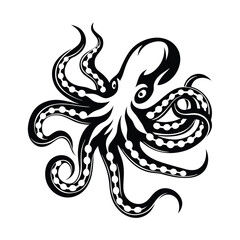 Black Silhouette of an Octopus with Curled Tentacles Isolated on a White Background