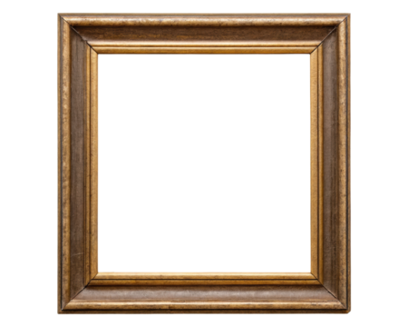 Ornate empty wooden picture frame with gold trim on a transparent background