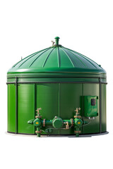 Compact home biogas digester model with functional valves in soft natural lighting against a white background