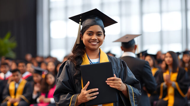 Young indian graduated girl holding his graduation degree convocation ceremony :