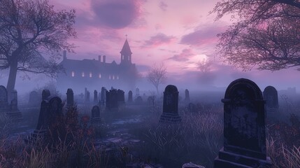 creepy graveyard filled with ancient tombstones, a foggy sky, and a distant haunted mansion glowing with ghostly lights.