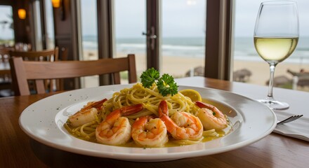 A plate of shrimp scampi with pasta and a glass of white wine by the beach view