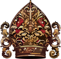 Baroque Gold Papal Mitre with Cross – Ornate Religious Bishop Hat Vector for Catholic Ceremony and Sacred Art Designs