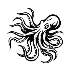 Stylized Octopus Silhouette with Curving Tentacles on White Background, Sea Creature