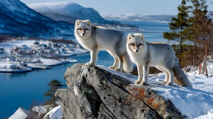 Fototapeta premium Arctic Foxes on Rocky Outcrop Overlooking Beautiful Winter Landscape in Norway