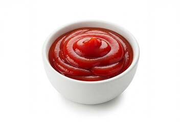 Ketchup in white bowl on white background
