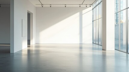 Fototapeta premium crisp, blank white wall in an open, sunlit art gallery, with clean floors and minimalist architecture, offering the ideal backdrop for your artwork.