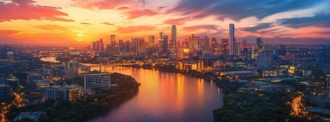 Fototapeta premium A vibrant city skyline at sunset with tall skyscrapers reflecting golden light on a river surrounded by green trees and illuminated urban buildings