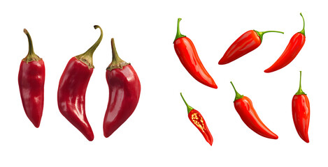 Set of red hot chilli poppers vegetables isolated on a transparent background