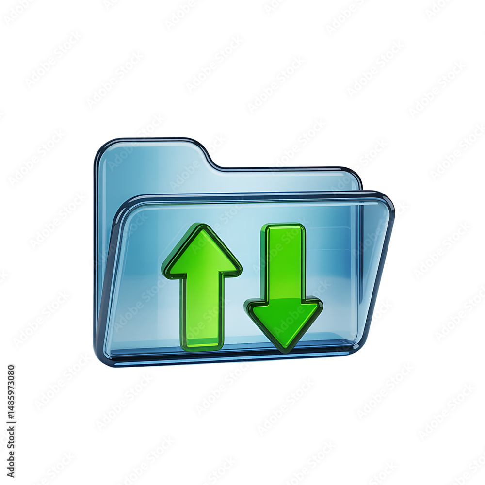 Poster transferring files represented by up and down green arrows within a glossy on transparent background