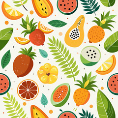 Vibrant fruit pattern with tropical leaves