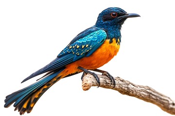 A cuckoo bird sits perched on a branch, its vibrant plumage on full display against a white background, perfect for ornithology projects.