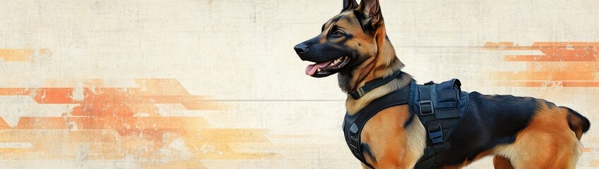 alert german shepherd dog wearing tactical harness looking to the side with mouth open and tongue out against a textured background with abstract orange geometric shapes
