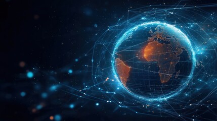 Obraz premium Digital representation of Earth highlighting continents with glowing network connections and futuristic data lines in a dark space setting