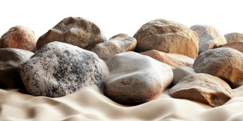 Natural Stone Boulders Sandy Surface. Geological Formation And Texture Study Isolated On Transparent Background