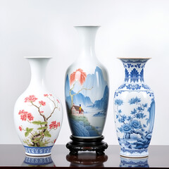 Vase Set. Chinese porcelain vase, ceramic vase, antique blue and white pottery vase with landscape painting. Oriental decorative elements collection of vases for your interior design.