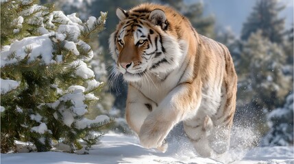 Obraz premium Majestic Tiger Running Through Snowy Landscape with Evergreen Trees in Background