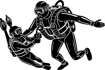 Silhouette design of scuba diving instructor guiding a student downwards, scuba, diving, diver, instructor, student, training, learning, underwater, ocean, sea, silhouette, vector, illustration, sport