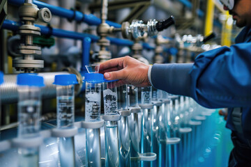 Technician collecting water samples at desalination plant, test tubes filled, complex filtration system background